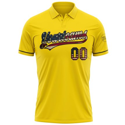 Personalized USA Flag Golf Polo Shirt with Custom Name & Number - Black Vintage Performance Vapor Style, Yellow Design Personalized