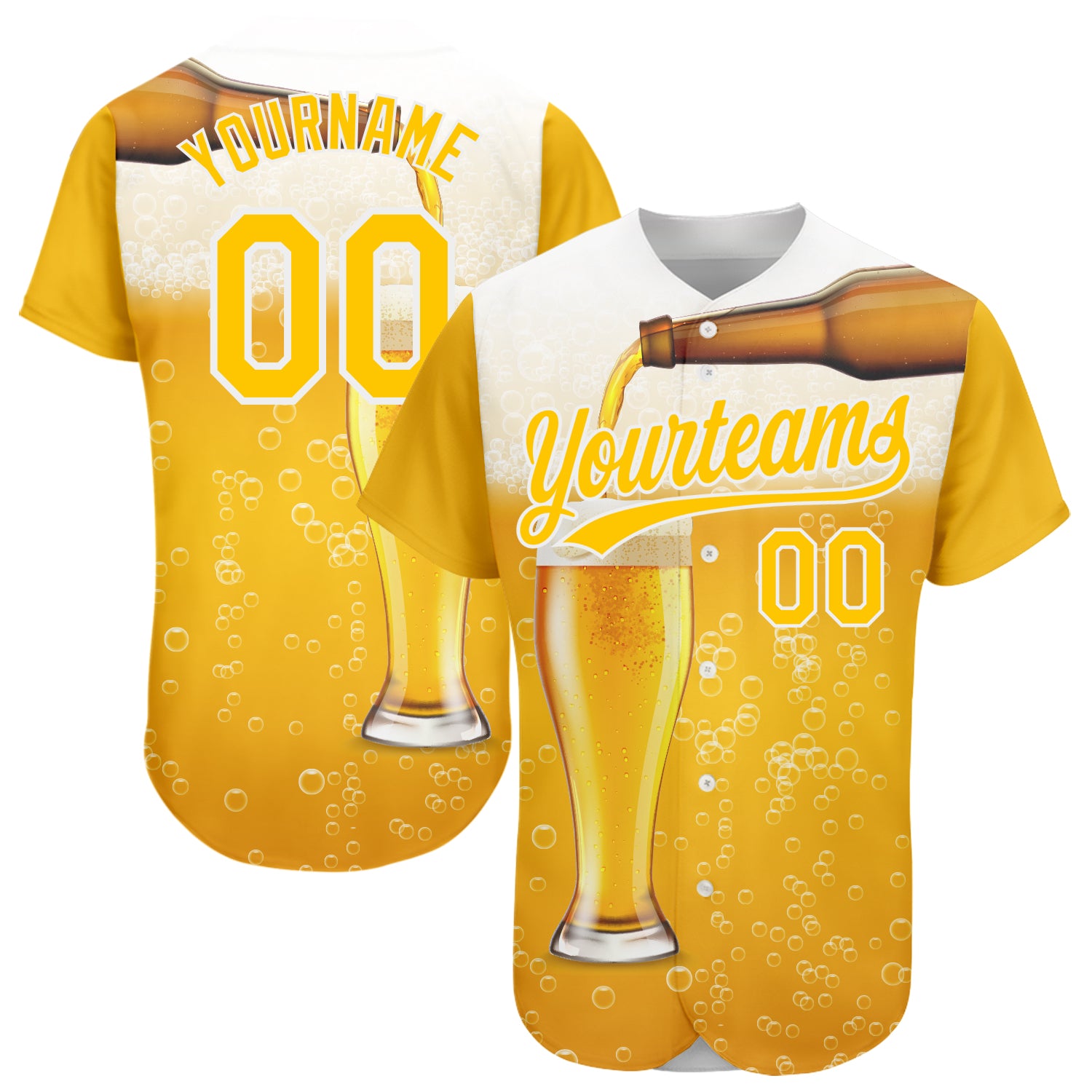 Personalized 3D Pattern Design Beer Baseball Jersey - Yellow White Authentic Jersey Personalized Yellow White 3D Pattern