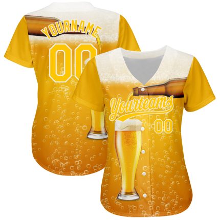 Personalized 3D Pattern Design Beer Baseball Jersey - Yellow White Authentic Jersey Personalized Yellow White 3D Pattern
