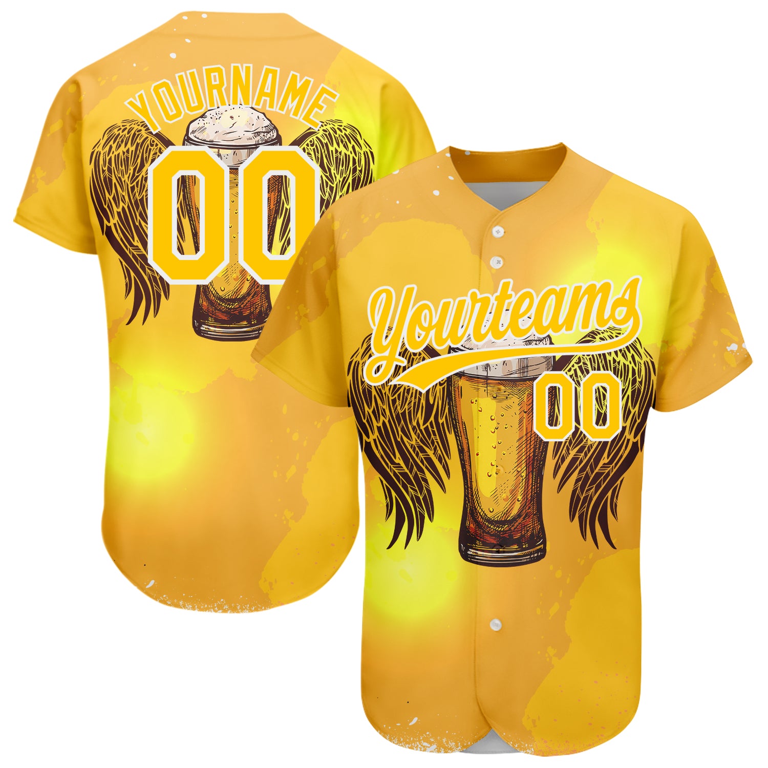 Custom Name and Number Beer Jersey - Personalized 3D Yellow White Pattern Authentic Baseball Team Jersey Personalized Yellow