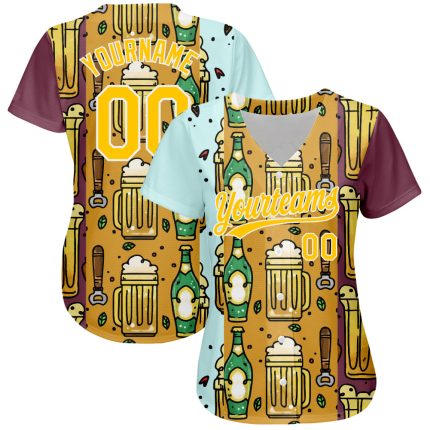 Custom 3D Pattern Beer Festival Baseball Jersey in Yellow and White Personalized Yellow White 3D Pattern Design Beer Festival