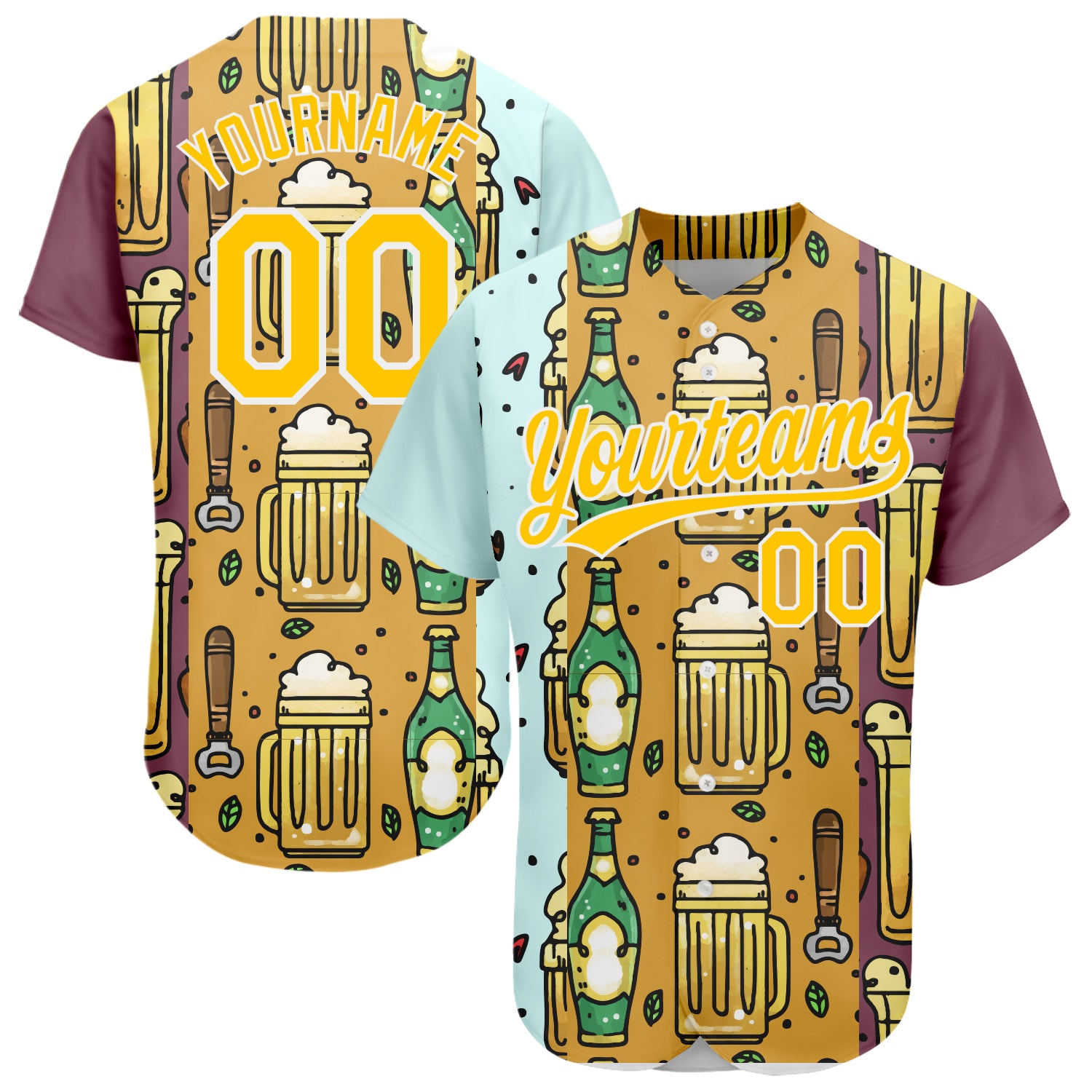Custom 3D Pattern Beer Festival Baseball Jersey in Yellow and White Personalized Yellow White 3D Pattern Design Beer Festival