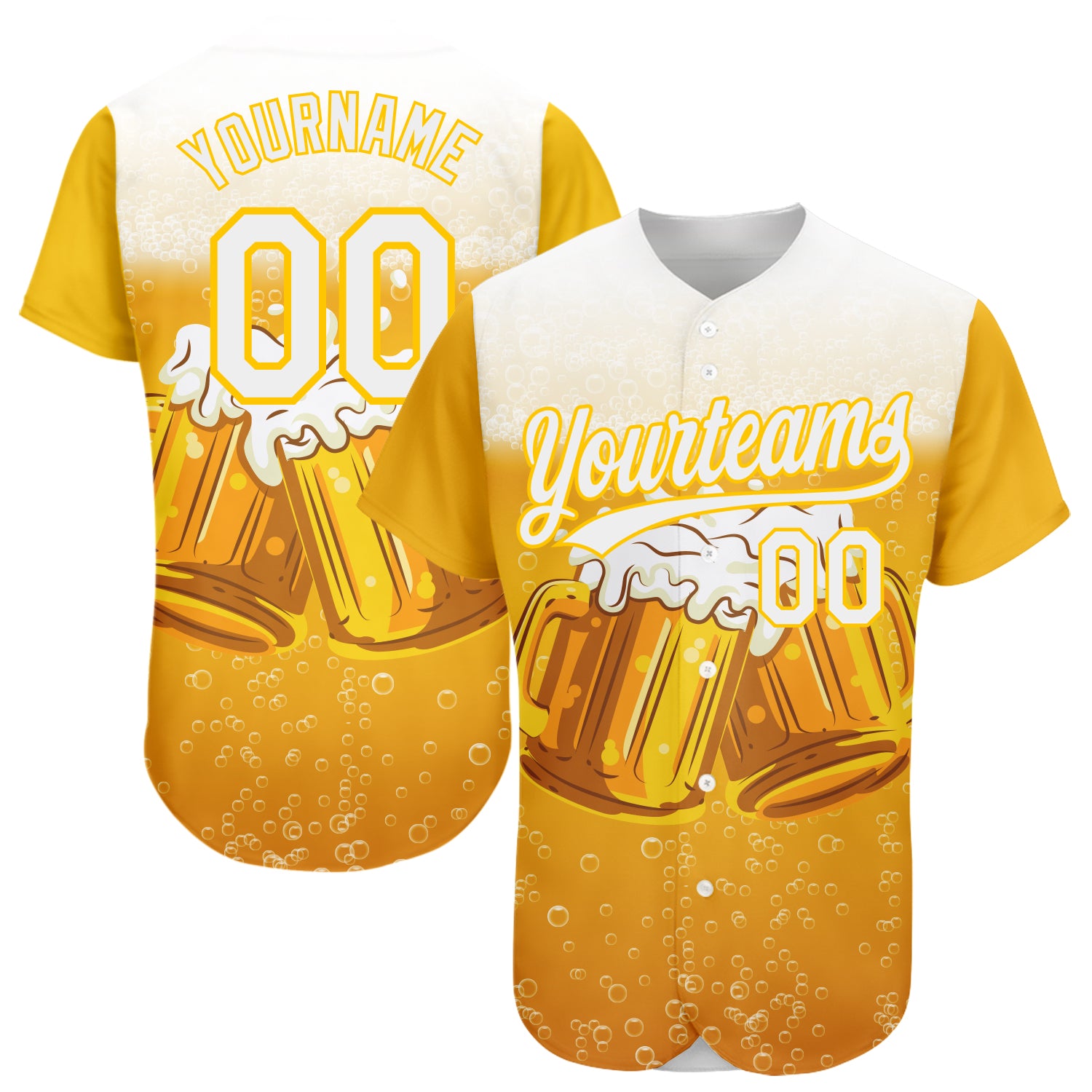 Custom Name and Number Baseball Jersey for International Beer Day - Personalized 3D Pattern Design in Yellow and White Personalized