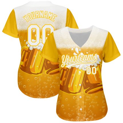 Custom Name and Number Baseball Jersey for International Beer Day - Personalized 3D Pattern Design in Yellow and White Personalized