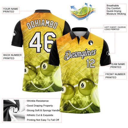 Custom Name Number Polo Shirt for Billiards, Yellow Black White 3D Pattern Design, Team Performance Wear Personalized Yellow