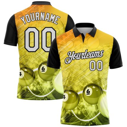 Custom Name Number Polo Shirt for Billiards, Yellow Black White 3D Pattern Design, Team Performance Wear Personalized Yellow