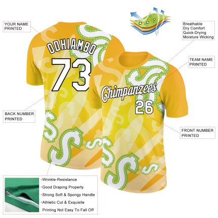 Custom Dollar Sign Money Theme T-Shirt with Personalized Name and Number in Yellow and Black 3D Pattern Design Personalized