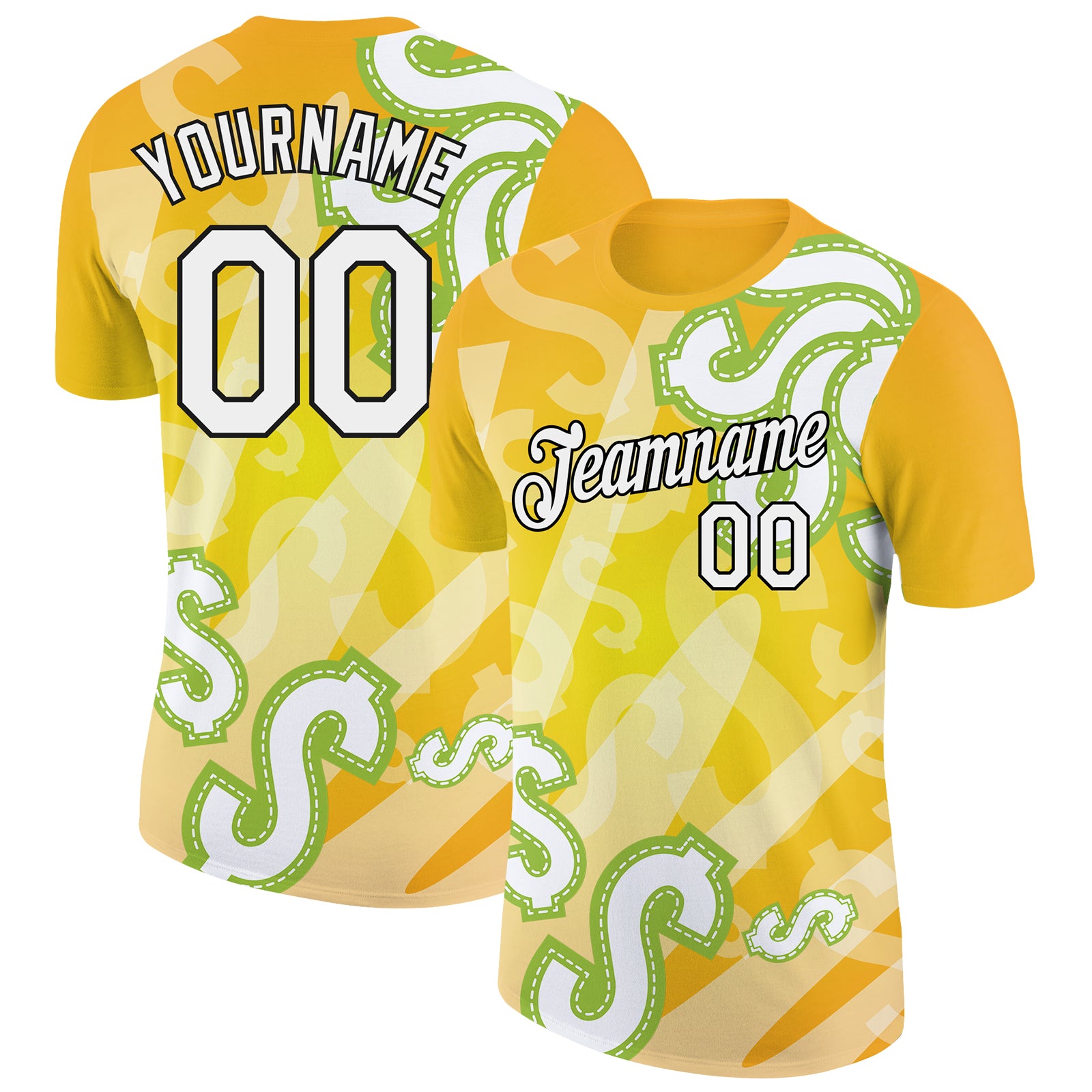 Custom Dollar Sign Money Theme T-Shirt with Personalized Name and Number in Yellow and Black 3D Pattern Design Personalized