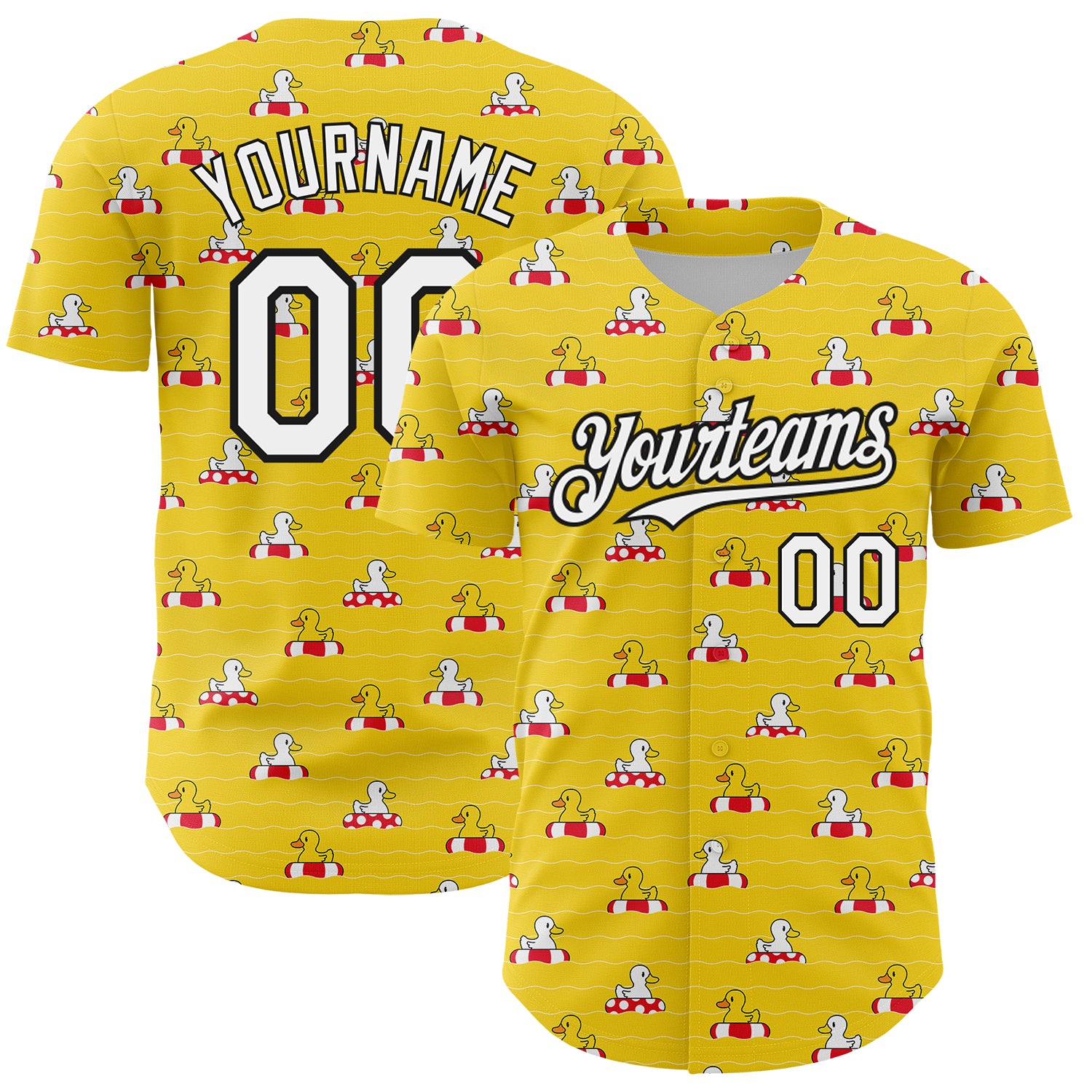 Custom 3D Pattern Baseball Jersey with Name and Number - Personalized Yellow White-Black Duck Design Personalized Yellow