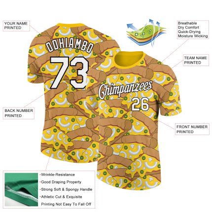 Custom Name and Number Food Pizza Performance T-Shirt - Personalized 3D Pattern Design in Yellow and White-Black Personalized
