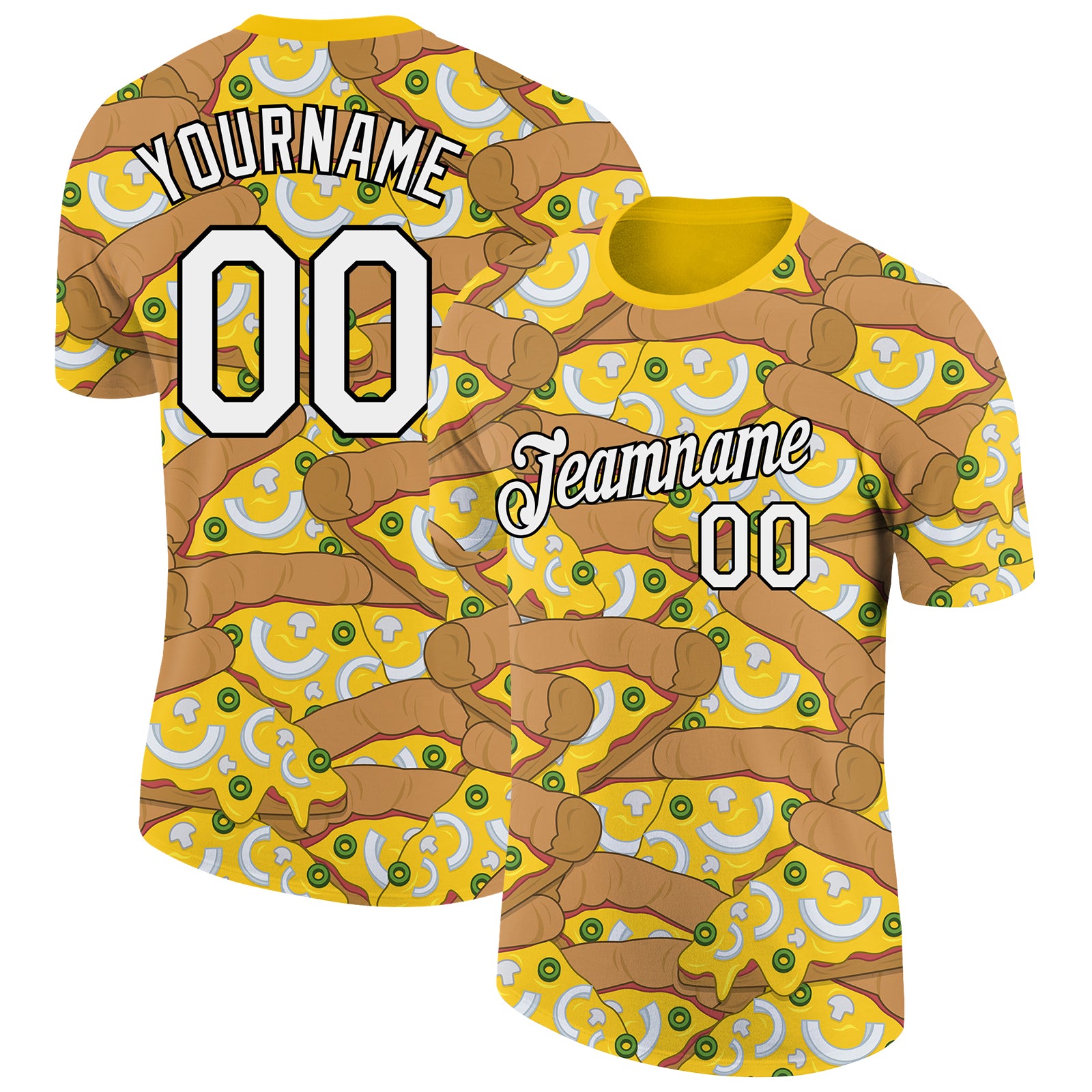 Custom Name and Number Food Pizza Performance T-Shirt - Personalized 3D Pattern Design in Yellow and White-Black Personalized