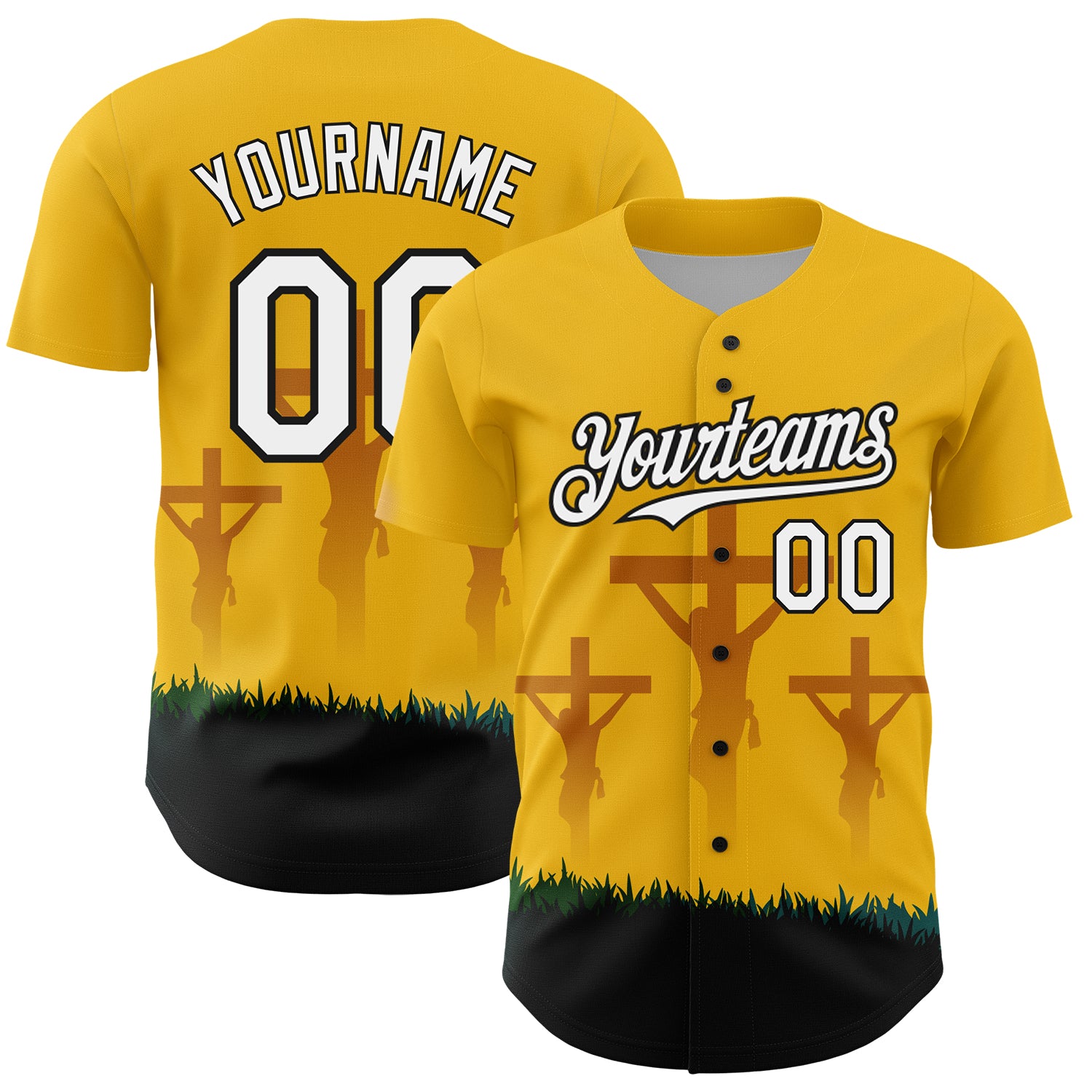 Personalized Jesus Christ Religion Cross Baseball Jersey - Yellow White-Black 3D Pattern Good Friday Personalized Yellow