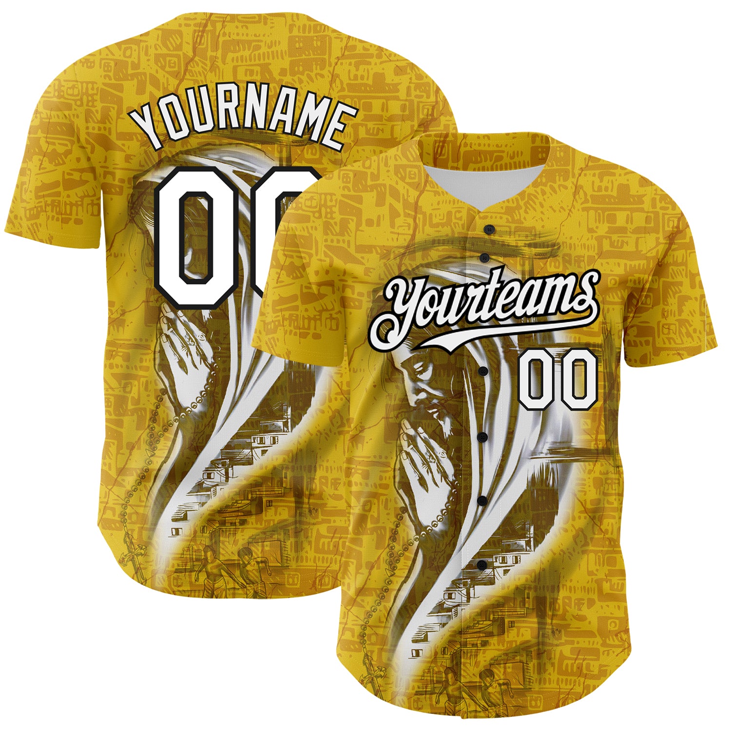 Personalized Jesus Christ Baseball Jersey with Custom Name & Number, 3D Pattern Design in Yellow White-Black - Team Apparel