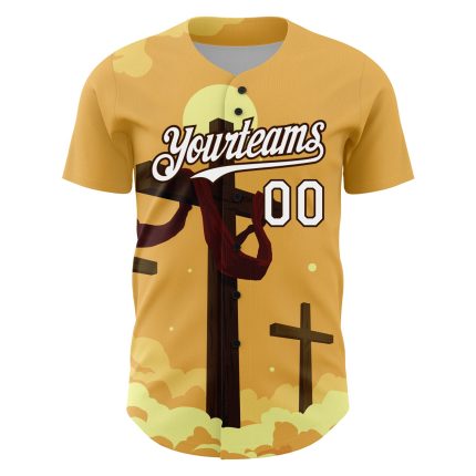 Personalized Jesus Christ Cross Baseball Jersey - Custom Name & Number, 3D Yellow White-Brown Pattern for Good Friday Personalized