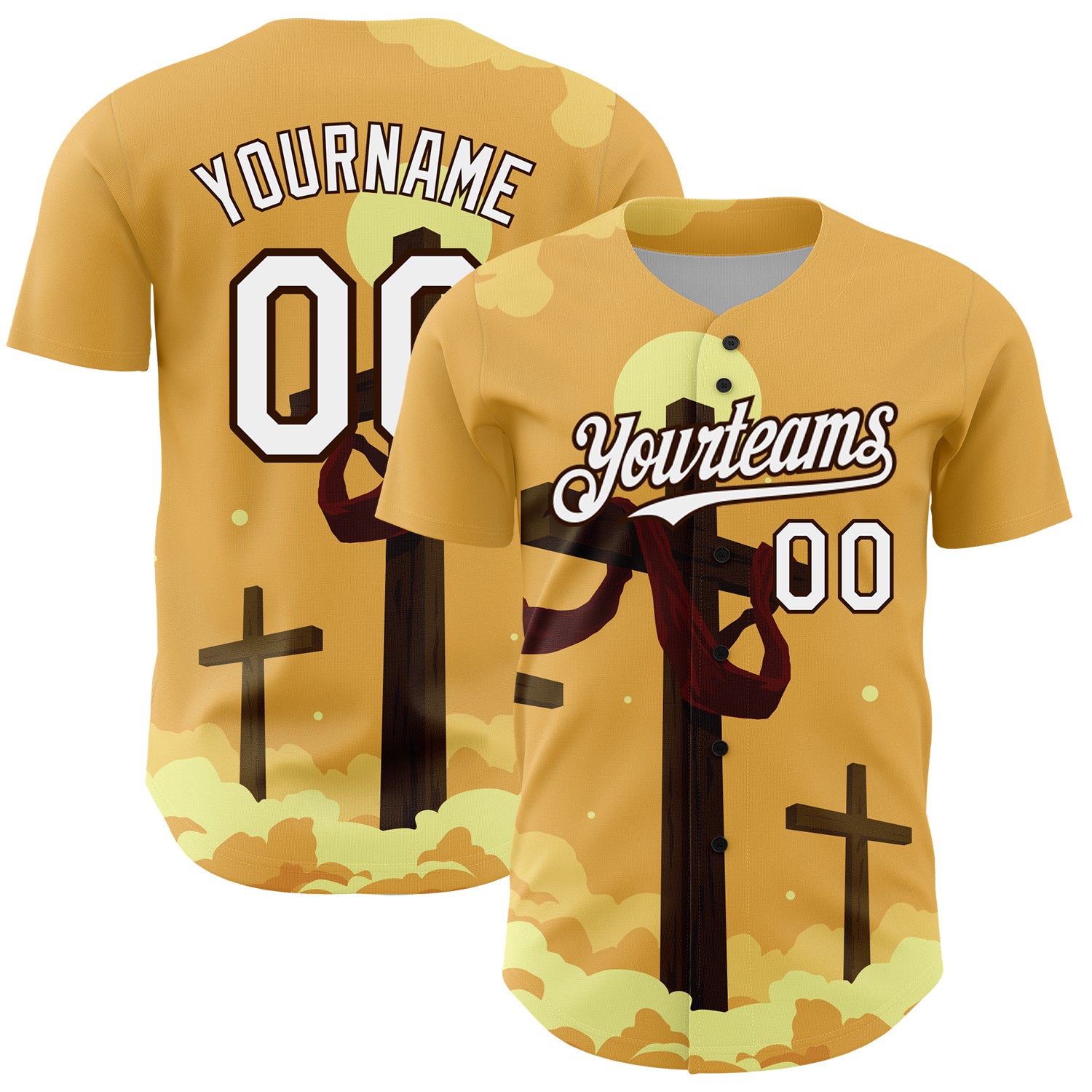 Personalized Jesus Christ Cross Baseball Jersey - Custom Name & Number, 3D Yellow White-Brown Pattern for Good Friday Personalized