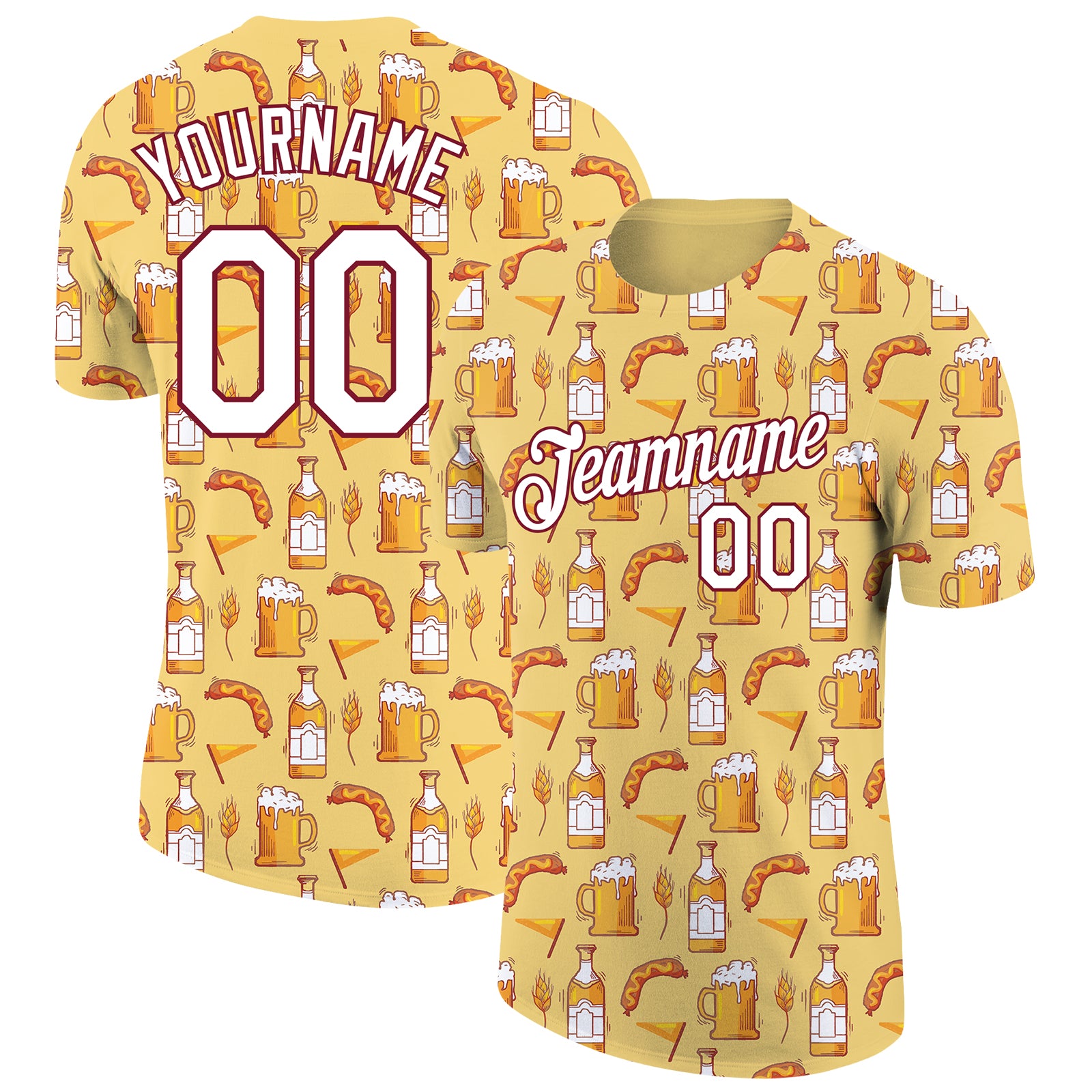 Custom Oktoberfest Beer Festival T-Shirt with 3D Pattern, Yellow White-Crimson, Personalized Name and Number, Team Shirt