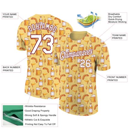 Custom Oktoberfest Beer Festival T-Shirt with 3D Pattern, Yellow White-Crimson, Personalized Name and Number, Team Shirt