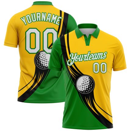 Custom Performance Golf Polo Shirt with 3D Pattern, Personalized Yellow White-Grass Green Design, Team Name and Number Personalized