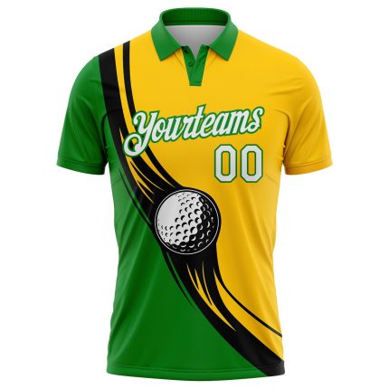 Custom Performance Golf Polo Shirt with 3D Pattern, Personalized Yellow White-Grass Green Design, Team Name and Number Personalized