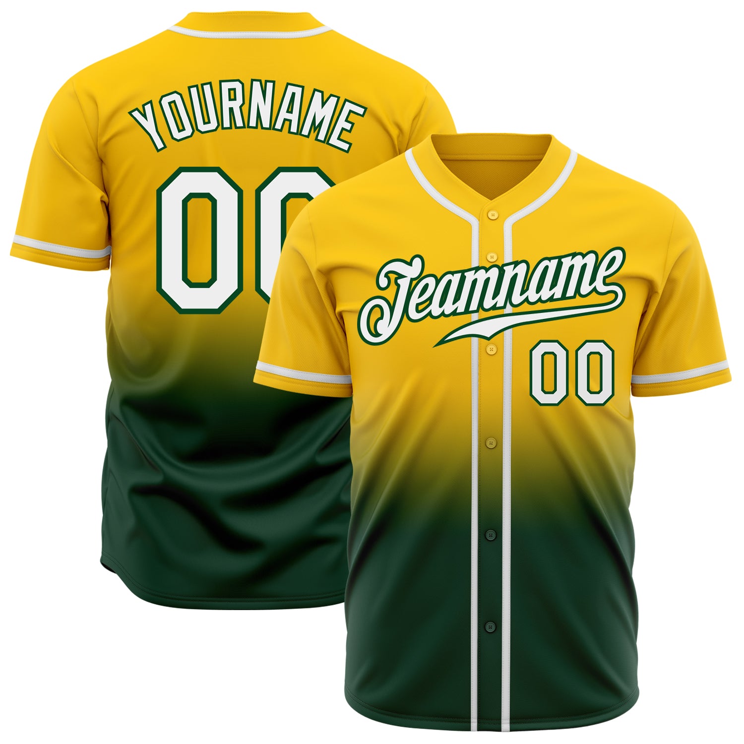 Custom Team Baseball Jersey with Fade Design - Personalized Yellow White-Green Name and Number Personalized Yellow White-Green