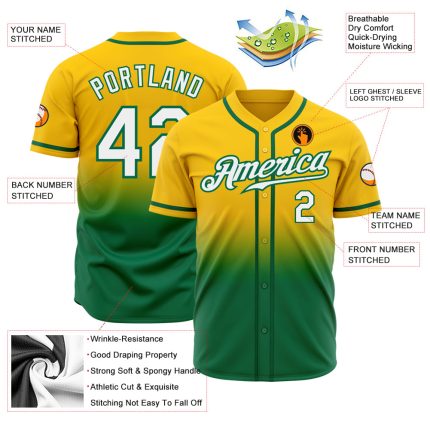 Custom Authentic Fade Baseball Jersey with Personalized Name and Number in Yellow and Kelly Green Personalized Yellow White-Kelly
