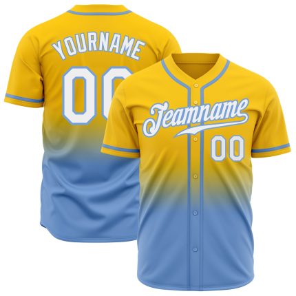 Custom Authentic Fade Fashion Baseball Jersey with Personalized Name and Number in Yellow and Light Blue Personalized Yellow
