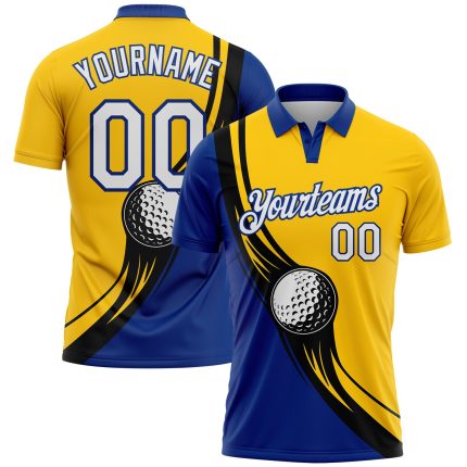 Custom Name Number Performance Polo Shirt - Personalized Yellow White Royal-Black 3D Pattern Golf Ball Design Personalized