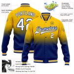 Custom Yellow White-Royal Bomber Varsity Jacket with Name and Number - Personalized Fade Fashion Full-Snap Letterman Style