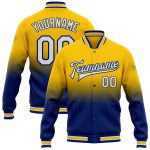 Custom Yellow White-Royal Bomber Varsity Jacket with Name and Number - Personalized Fade Fashion Full-Snap Letterman Style