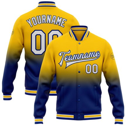 Custom Yellow White-Royal Bomber Varsity Jacket with Name and Number - Personalized Fade Fashion Full-Snap Letterman Style